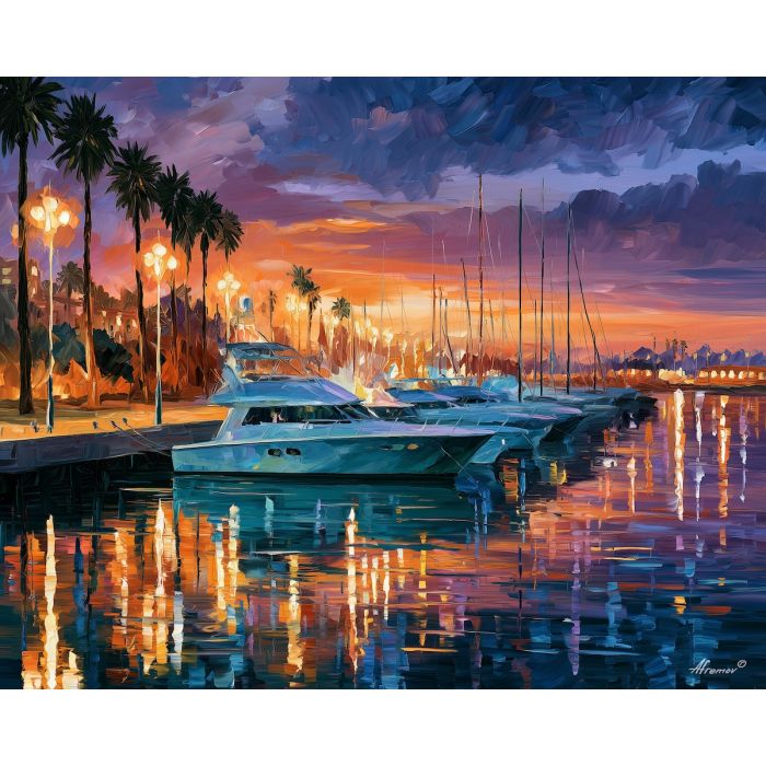 Limassol painting, Cyprus marina art, waterfront decor, Afremov style oil painting, palette knife city seascape, yacht harbor artwork, evening reflection painting, travel wall art, modern coastal city art, marina wall decor