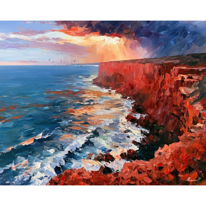 Kaliakra painting, Bulgaria cliff art, Black Sea seascape decor, Afremov style oil painting, palette knife dramatic landscape, Bulgarian coast artwork, stormy ocean painting, travel wall art, rugged cliff scene, coastal wall decor