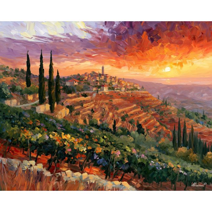 Vouni painting, Cyprus vineyard art, wine country decor, Afremov style oil painting, palette knife countryside, hillside vine painting, Mediterranean rural artwork, sunset landscape wall art, Cypriot village painting, travel decor