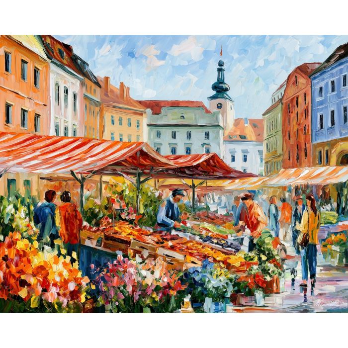 Brno painting, Czech market art, city square decor, Afremov style oil painting, palette knife market scene, colorful produce painting, Czech urban artwork, lively street market, flower stall wall art, travel decor