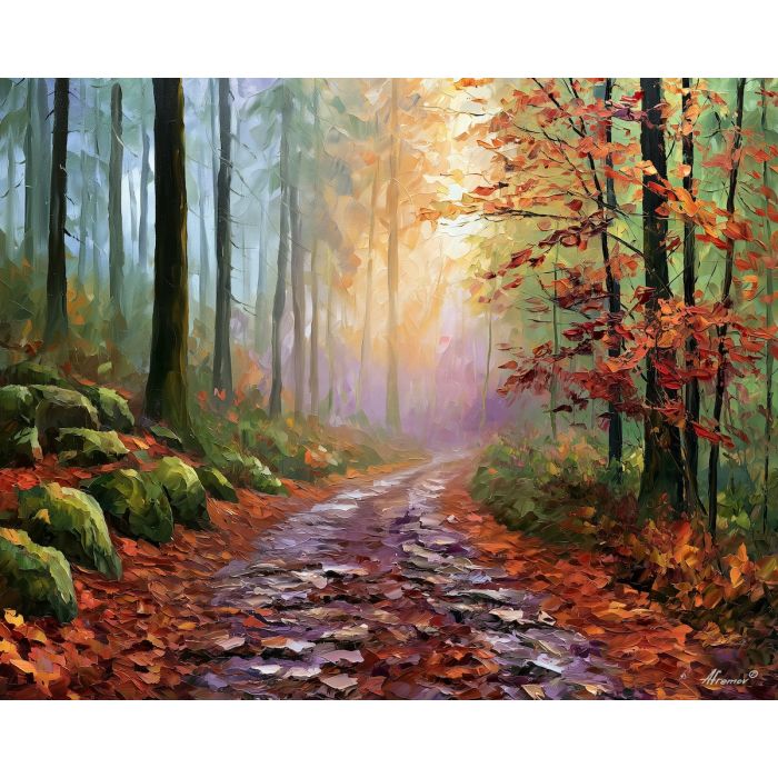 Ardennes painting, Belgium forest art, autumn trail decor, Afremov style oil painting, palette knife landscape, Belgian countryside artwork, colorful woodland painting, nature wall art, fall forest decor, travel art