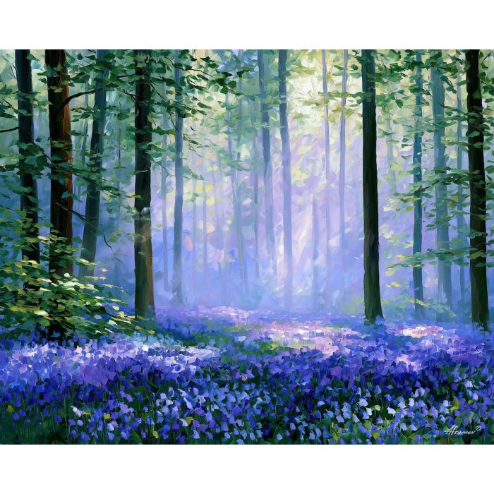 Hallerbos painting, Belgium bluebell forest art, Afremov style oil painting, palette knife landscape, spring woodland decor, Belgian nature artwork, floral forest painting, blue flower wall art, magical forest art, travel wall decor