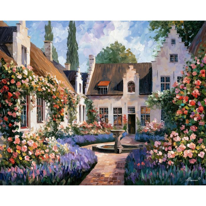 Mechelen painting, Belgium garden art, beguinage decor, Afremov style oil painting, palette knife floral landscape, historic courtyard artwork, colorful Belgian garden, peaceful wall art, flower garden painting, heritage decor