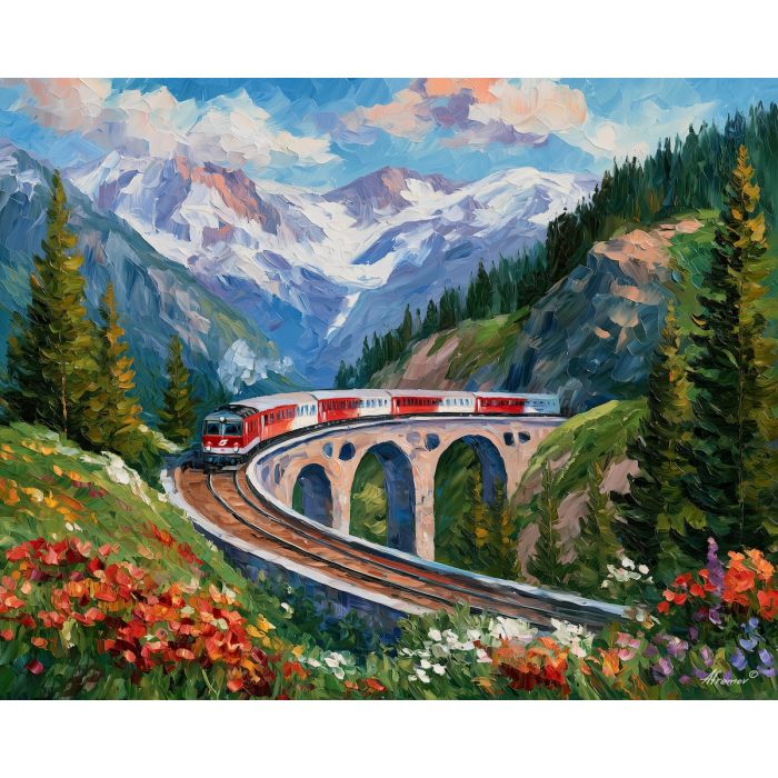 Austrian train painting, alpine railway art, Austria mountain decor, Afremov style oil painting, palette knife landscape, scenic rail artwork, colorful alpine painting, travel wall art, mountain train decor, European railway art