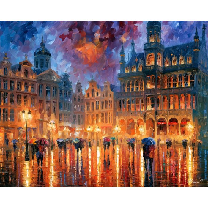 Brussels painting, Grand Place art, Belgium wall decor, Afremov style oil painting, palette knife cityscape, rainy Brussels artwork, colorful square painting, Belgian architecture art, travel wall art, cobblestone reflections