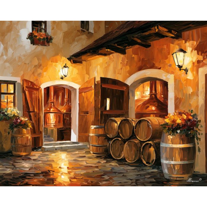 Pilsen brewery painting, Czechia beer art, rustic courtyard decor, Afremov style oil painting, palette knife still life, brewing scene artwork, Czech culture wall art, barrel courtyard painting, kitchen bar decor, travel art
