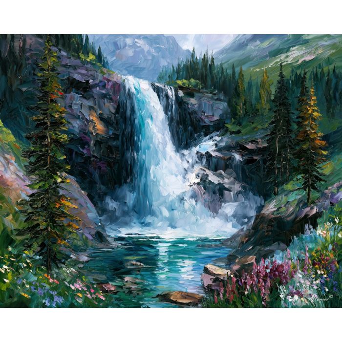 Hohe Tauern painting, Austrian waterfall art, alpine nature decor, Afremov style oil painting, palette knife landscape, mountain waterfall artwork, colorful Austria scenery, forest water wall art, travel painting, dramatic nature art