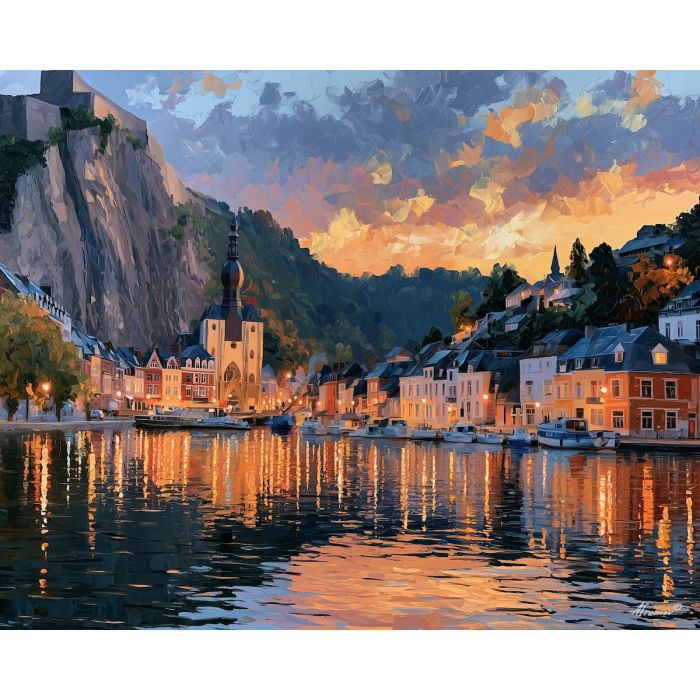 Dinant painting, Belgium river art, cliffside town decor, Afremov style oil painting, palette knife landscape, Belgian riverside artwork, colorful town painting, travel wall art, Meuse River scene, European cityscape