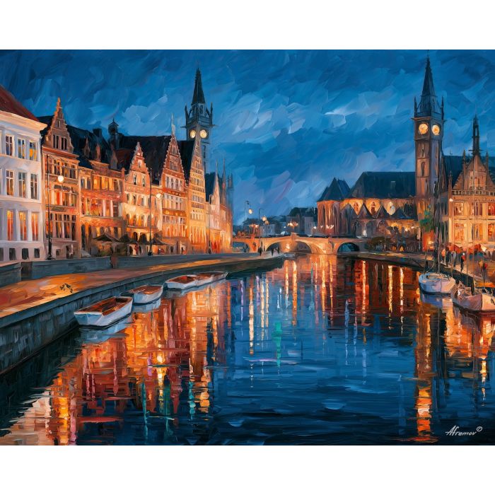 Ghent painting, Belgium riverside art, Afremov style oil painting, palette knife cityscape, Belgian architecture decor, colorful Ghent artwork, twilight river painting, travel wall art, medieval city art, waterfront reflections