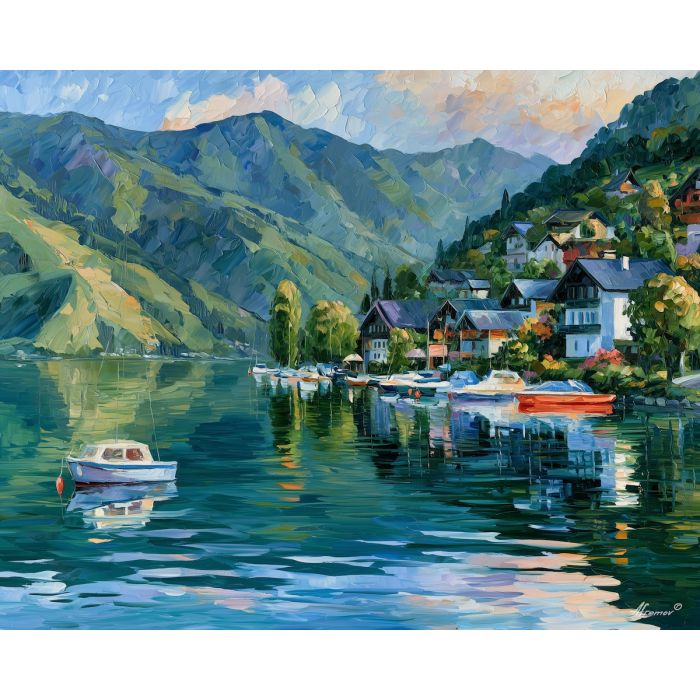 Zell am See painting, Austria lake art, alpine reflection decor, Afremov style oil painting, palette knife landscape, Austrian waterfront artwork, mountain lake painting, colorful travel decor, boat reflection wall art, lake village art