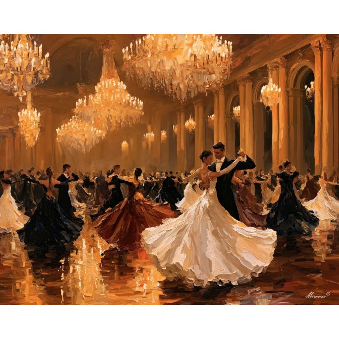 Viennese waltz painting, Austria dance art, ballroom decor, Afremov style oil painting, palette knife figure scene, elegant dance artwork, Austrian culture painting, chandelier ballroom art, colorful movement painting, music and dance decor