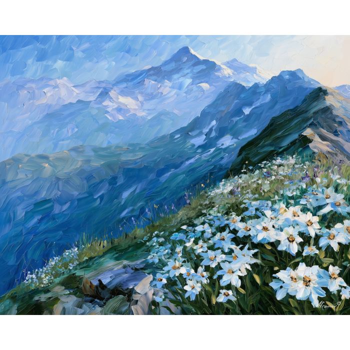 edelweiss painting, Austrian alpine flower art, mountain ridge decor, Afremov style oil painting, palette knife landscape, Austria nature artwork, alpine bloom wall art, snowy peak painting, botanical mountain art, travel decor