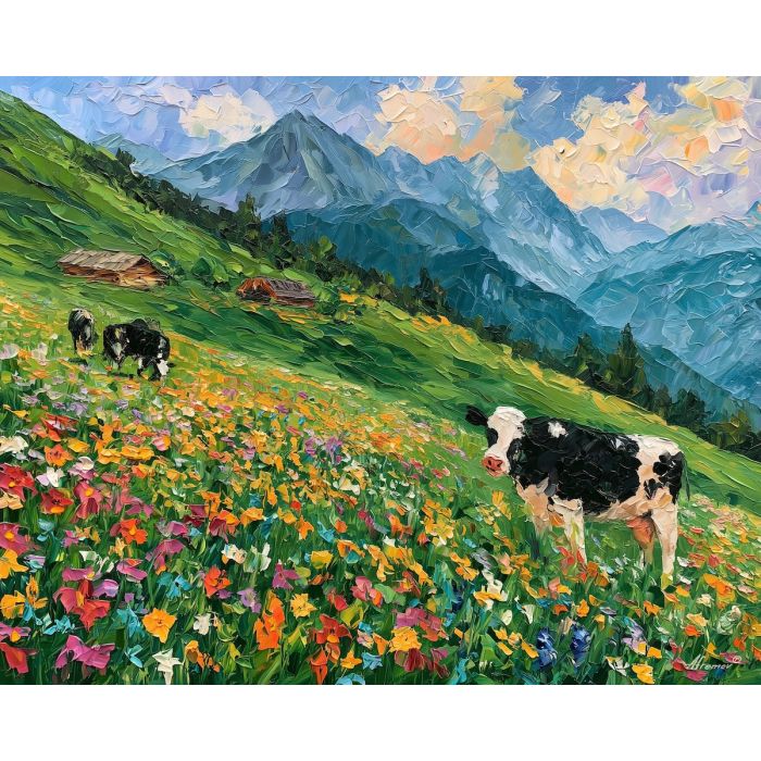 Tyrol meadow painting, Austria alpine art, wildflower landscape decor, Afremov style oil painting, palette knife countryside, Austrian mountain painting, colorful meadow artwork, cow pasture wall art, summer alpine decor, Austria travel art