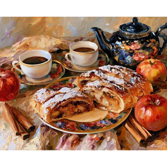 apple strudel painting, Austrian dessert art, Austria kitchen decor, Afremov style oil painting, palette knife still life, pastry wall art, coffee table artwork, colorful food painting, bakery decor, Viennese dessert art