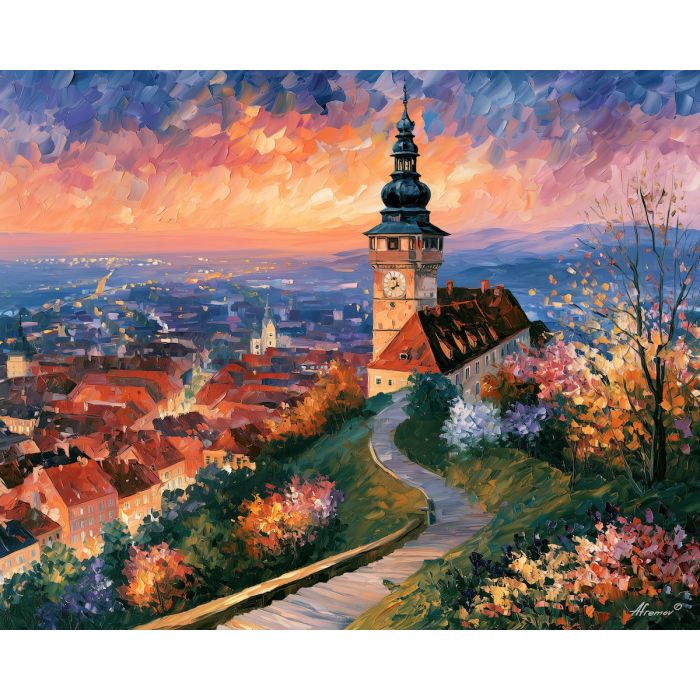 Graz painting, Austria city view art, clocktower wall decor, Afremov style oil painting, palette knife cityscape, Austrian skyline artwork, colorful rooftop painting, hilltop landscape art, travel decor, historic city wall art