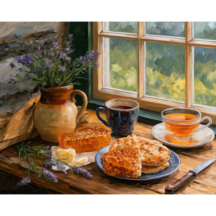 Irish breakfast painting, honey still life art, Ireland food decor, Afremov style oil painting, palette knife kitchen art, honeycomb artwork, cottage breakfast painting, colorful food wall art, Irish cuisine decor, rustic still life