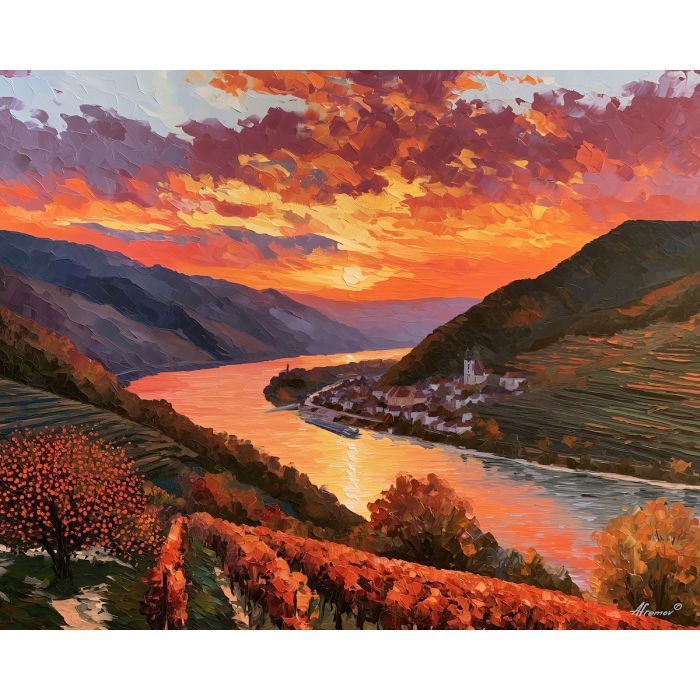 Wachau painting, Austria vineyard art, Danube valley decor, Afremov style oil painting, palette knife landscape, Austrian wine country artwork, river valley painting, colorful countryside art, sunset wall decor, Austria travel painting