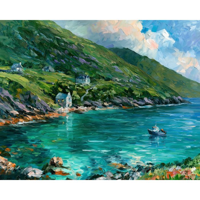 Beara Peninsula painting, Ireland coastal art, Irish cove wall decor, Afremov style oil painting, palette knife seascape, colorful Ireland landscape, turquoise water art, Irish travel decor, coastal village painting, Atlantic wall art