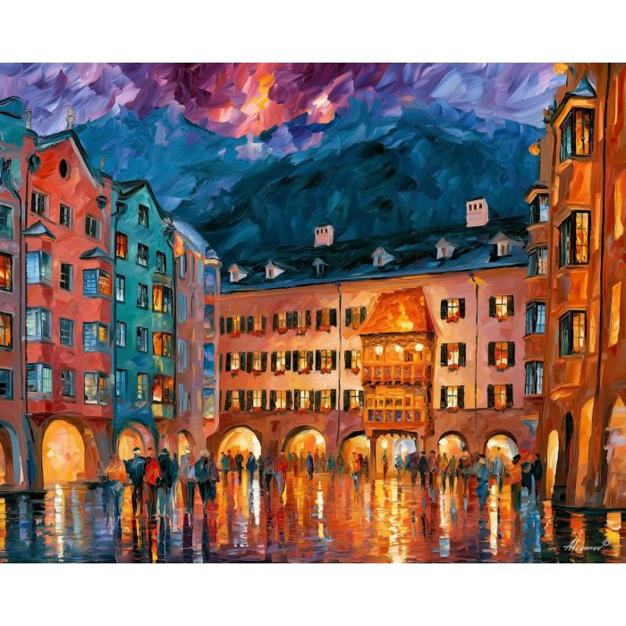 Innsbruck painting, Austria city art, alpine town decor, Afremov style oil painting, palette knife architecture, Austrian square artwork, colorful cityscape painting, evening town art, Tyrol wall decor, travel wall art