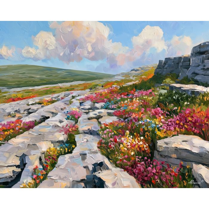 Burren painting, Ireland wildflower art, limestone landscape decor, Afremov style oil painting, palette knife nature artwork, Irish countryside painting, colorful floral landscape, County Clare art, Ireland travel decor, botanical wall art