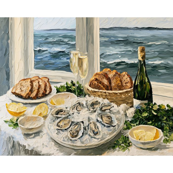 Irish oyster painting, Ireland seafood art, coastal food decor, Afremov style oil painting, palette knife still life, seafood wall artwork, Irish cuisine painting, kitchen wall art, oyster still life, coastal dining decor