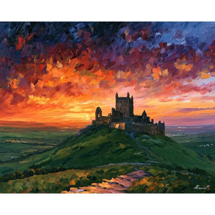 Rock of Cashel painting, Ireland castle ruins art, Afremov style oil painting, palette knife landscape, Irish heritage decor, ancient stone artwork, colorful twilight painting, Ireland travel wall art, historic Ireland decor, dramatic sky art