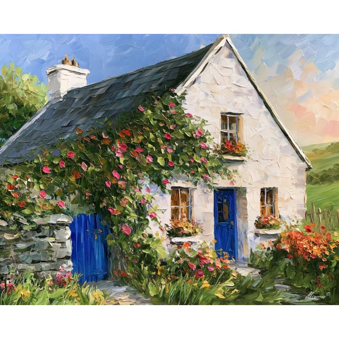 Irish cottage painting, blue door wall art, Ireland countryside decor, Afremov style oil painting, palette knife cottage art, colorful Irish home painting, flower cottage artwork, rural Ireland decor, cottage wall art, summer landscape