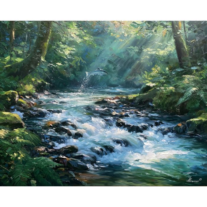 Irish salmon painting, Ireland river art, wildlife wall decor, Afremov style oil painting, palette knife nature artwork, fish painting, colorful river landscape, Irish wildlife decor, woodland stream art, nature wall painting