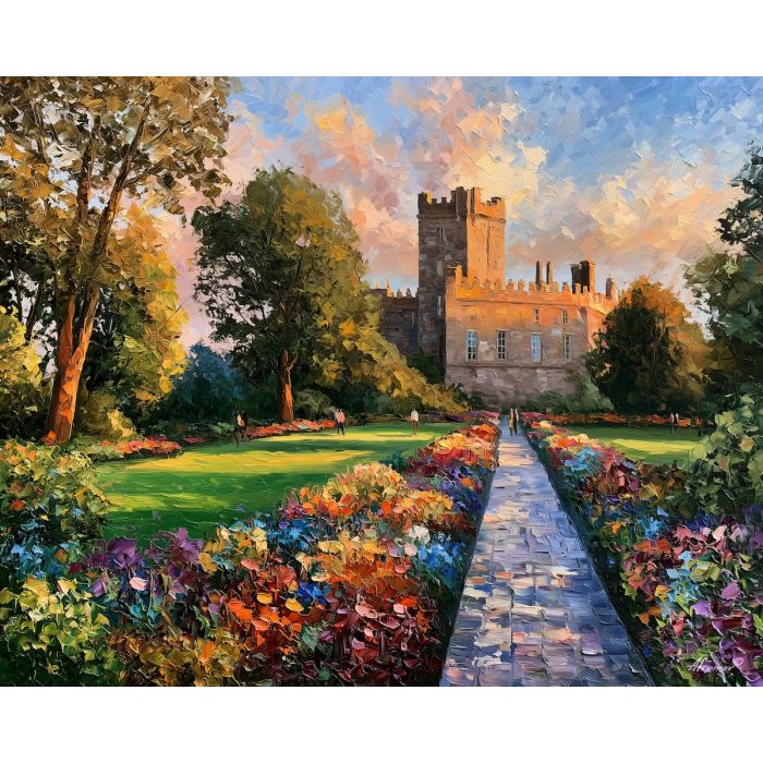 Kilkenny Castle painting, Ireland castle art, Irish garden decor, Afremov style oil painting, palette knife architecture, colorful Ireland artwork, historic Irish castle, travel wall art, European garden painting, Ireland heritage decor