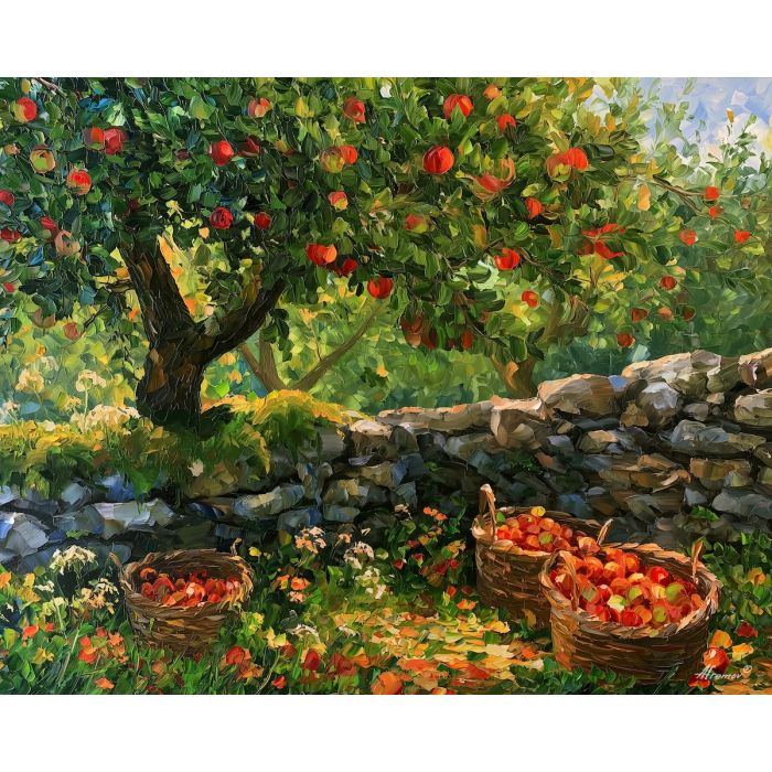 Irish orchard painting, Ireland apple art, countryside wall decor, Afremov style oil painting, palette knife landscape, apple tree artwork, colorful harvest painting, Irish rural decor, autumn wall art, fruit orchard painting