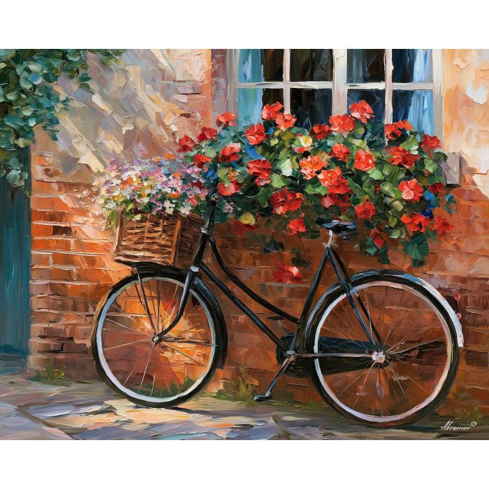 British bicycle painting, Great Britain wall art, vintage bike decor, Afremov style oil painting, palette knife still life, flower bicycle artwork, English street art, colorful UK painting, cottage wall decor, nostalgic British art