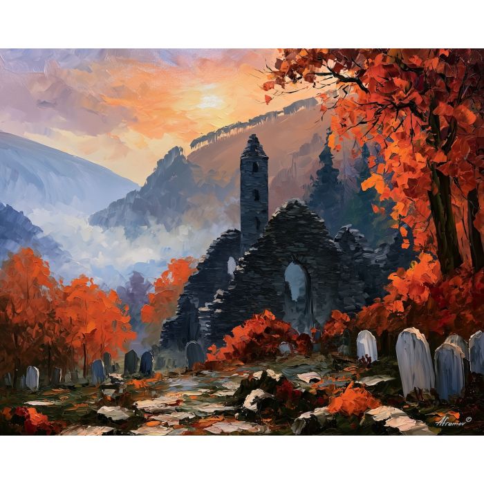 Glendalough painting, Ireland ruins art, autumn Irish landscape, Afremov style oil painting, palette knife heritage art, monastic valley artwork, colorful Ireland decor, historic stone ruins, Celtic landscape painting, autumn wall art