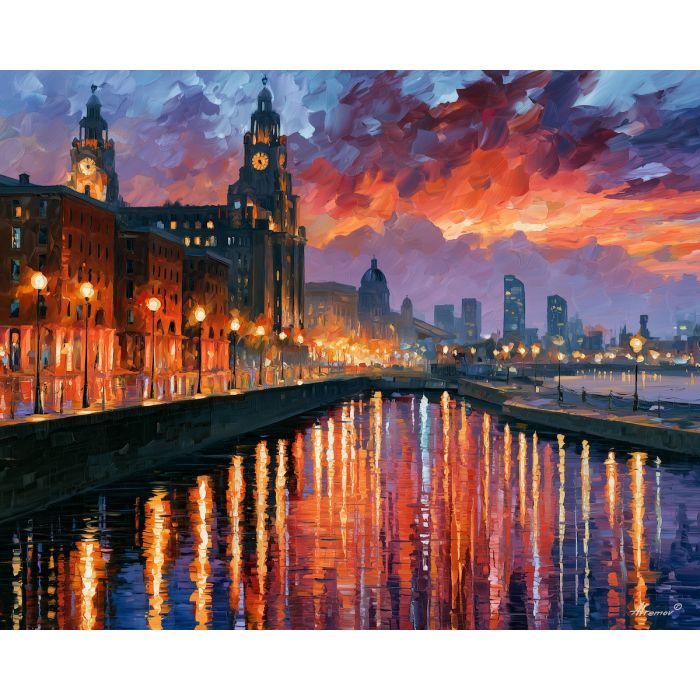 Liverpool painting, Great Britain city art, waterfront wall decor, Afremov style oil painting, palette knife cityscape, colorful Liverpool artwork, British urban painting, river reflection art, UK travel decor, twilight city wall art