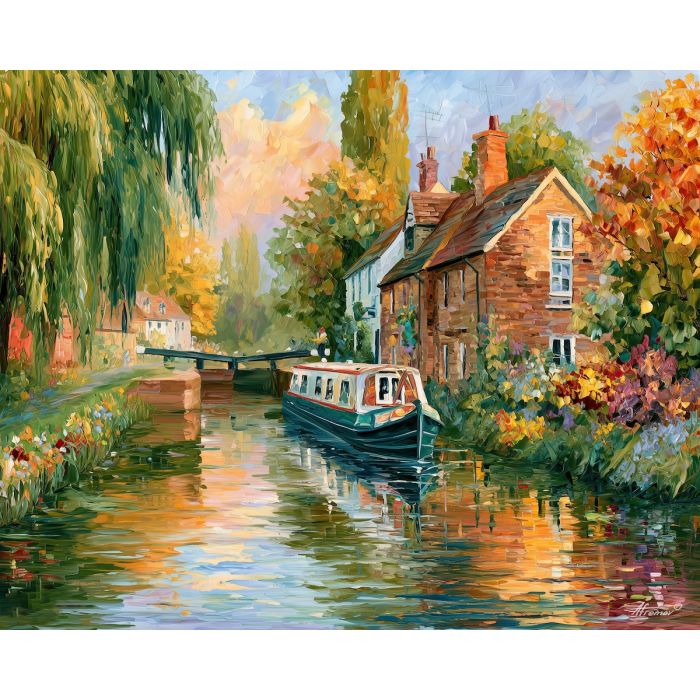English canal painting, Great Britain narrowboat art, canal lock wall decor, Afremov style oil painting, palette knife landscape, British waterways artwork, colorful England painting, UK countryside decor, boat wall art, travel painting