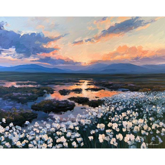 Irish bog painting, bog cotton art, Ireland landscape decor, Afremov style oil painting, palette knife nature art, Irish countryside artwork, colorful bogland painting, Celtic landscape decor, Ireland wall art, moorland painting