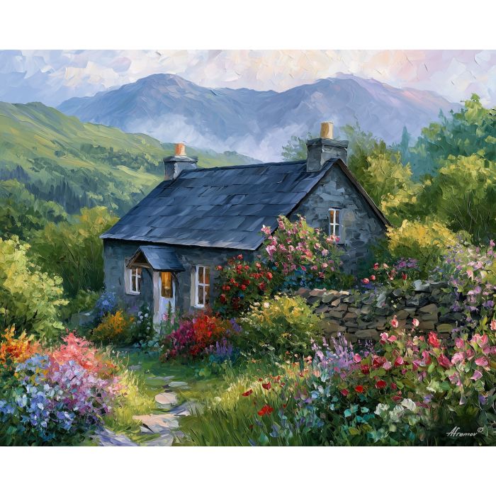 Welsh cottage painting, Great Britain countryside art, Wales wall decor, Afremov style oil painting, palette knife landscape, stone cottage artwork, colorful British countryside, UK travel art, mountain cottage painting, rural decor