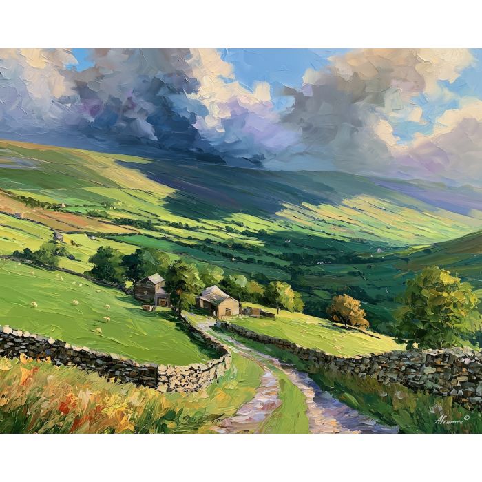 Yorkshire Dales painting, Great Britain countryside art, British landscape decor, Afremov style oil painting, palette knife landscape, stone wall artwork, England rural painting, colorful hill art, sheep landscape, UK wall decor