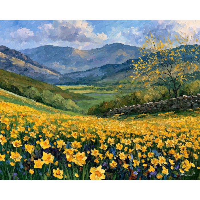 Welsh daffodil painting, Great Britain flower art, Wales landscape decor, Afremov style oil painting, palette knife floral landscape, yellow flower wall art, colorful UK countryside, spring painting, Welsh wall art, nature decor