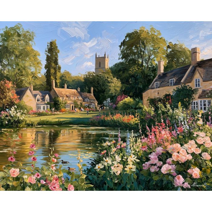 English village painting, Great Britain countryside art, village green wall decor, Afremov style oil painting, palette knife landscape, British cottage artwork, colorful England painting, rural UK decor, summer village art, country wall art