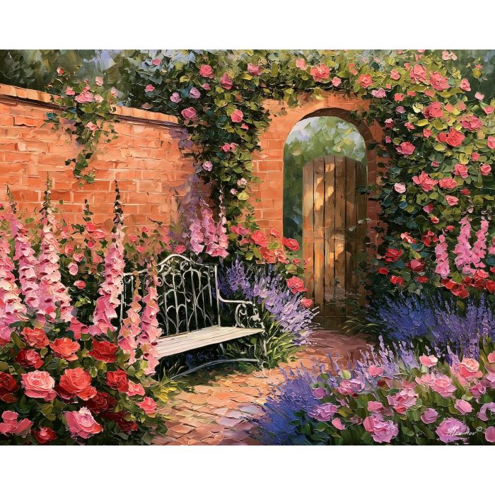 English garden painting, British rose art, Great Britain wall decor, Afremov style oil painting, palette knife floral artwork, cottage garden painting, colorful flower wall art, UK garden decor, romantic landscape, English country art