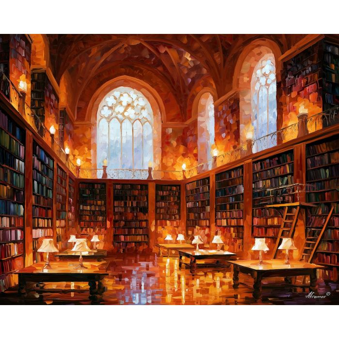 Oxford library painting, Great Britain academic art, British library decor, Afremov style oil painting, palette knife interior, book lover wall art, historic England artwork, study decor, colorful library painting, UK heritage art