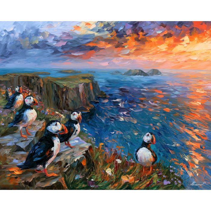 Scottish puffin painting, Great Britain wildlife art, seabird wall decor, Afremov style oil painting, palette knife wildlife, Scotland coastal artwork, colorful bird painting, British nature decor, Atlantic cliff art, UK wildlife painting