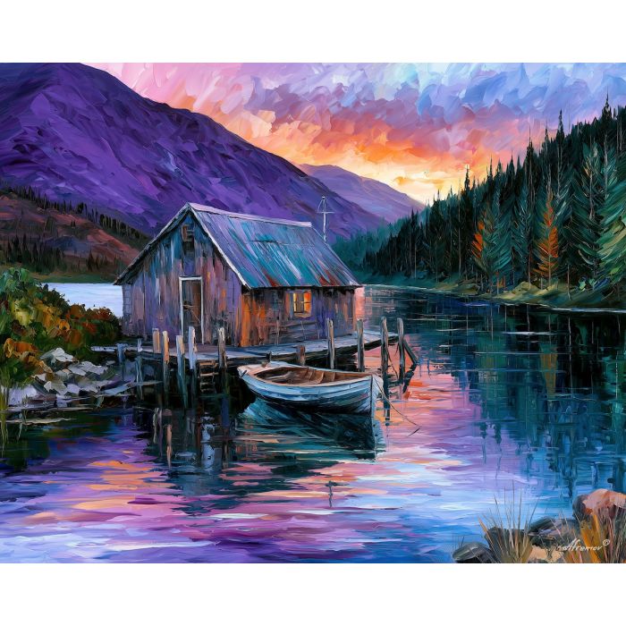 Scottish loch painting, Great Britain landscape art, boathouse wall decor, Afremov style oil painting, palette knife lake artwork, Scotland nature painting, colorful water reflections, British countryside decor, UK travel art, mountain lake painting