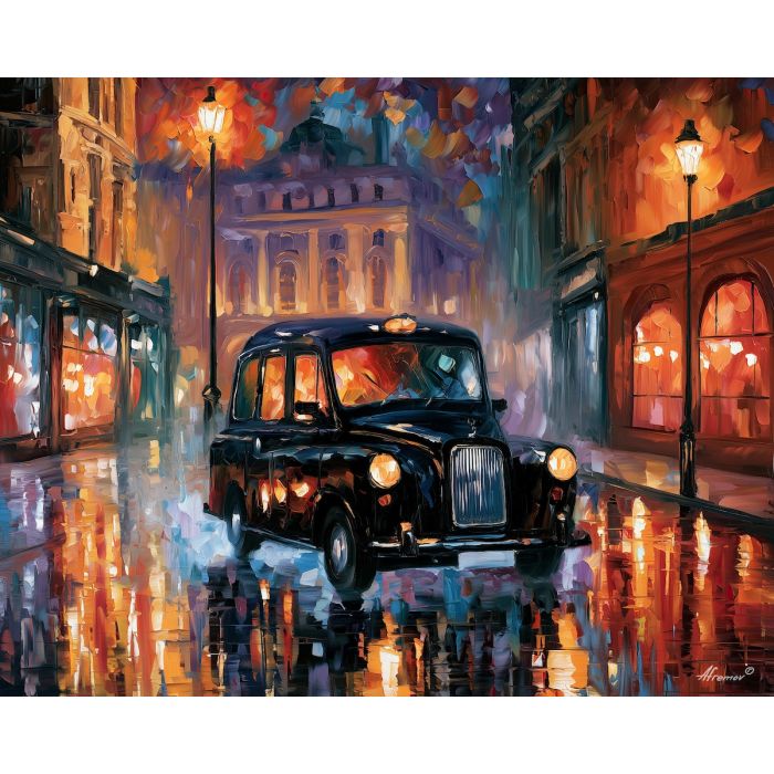 London taxi painting, black cab wall art, Great Britain city decor, Afremov style oil painting, palette knife cityscape, colorful London night art, British transport painting, rainy street decor, UK travel artwork, urban wall art