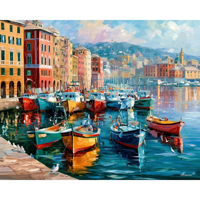 Genoa painting, Italy harbor art, fishing boat wall decor, Afremov style oil painting, palette knife seascape, Italian waterfront artwork, colorful marina painting, travel wall art, Mediterranean harbor decor, coastal city painting
