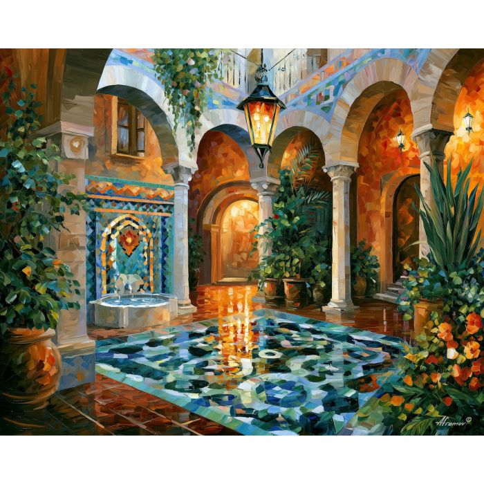 Ravenna painting, Italian mosaic art, Italy courtyard decor, Afremov style oil painting, palette knife architecture, colorful mosaic artwork, Italian heritage painting, Mediterranean courtyard art, travel wall decor, decorative Italy art