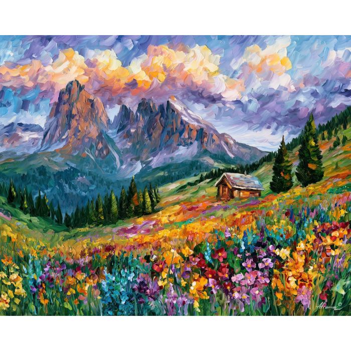 Dolomites painting, Italy mountain art, alpine wildflower wall decor, Afremov style oil painting, palette knife landscape, Italian Alps artwork, colorful mountain painting, nature wall art, Italy travel decor, floral landscape