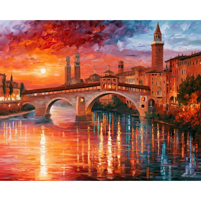 Verona painting, Italy bridge art, Adige River wall decor, Afremov style oil painting, palette knife cityscape, Italian architecture art, colorful river painting, travel wall decor, historic Italy artwork, sunset cityscape