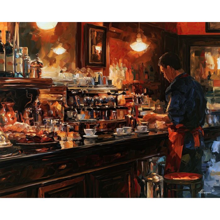 Naples cafe painting, Italian espresso art, Italy coffee decor, Afremov style oil painting, palette knife cafe artwork, espresso bar wall art, Italian culture painting, coffee shop decor, colorful interior art, Naples wall art