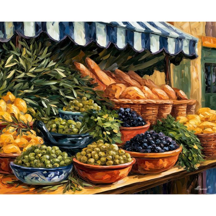 Italian olive painting, Italy food art, market wall decor, Afremov style oil painting, palette knife still life, Mediterranean kitchen art, olive market artwork, colorful food decor, Italian cuisine painting, culinary wall art